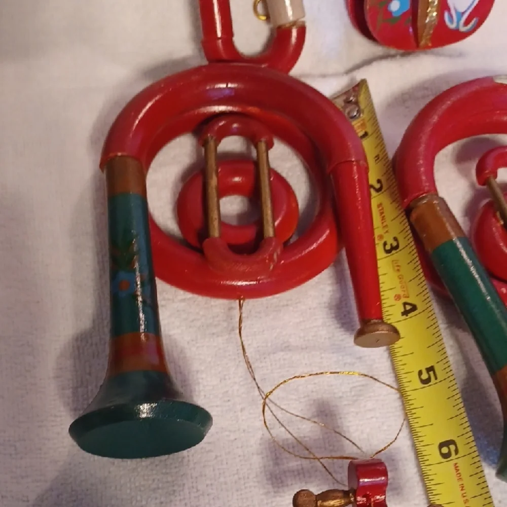 Vintage Red and Green Musical Instrument Ornaments Wooden Instruments 1950's